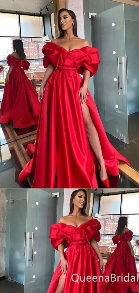 Gorgeous Red Off Shoulder Lace Up Back Sweetheart A-line Evening Gown Maxi Long Evening Party Prom Dresses with Slit,WGP1029