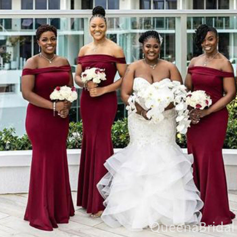 Burgundy Off Shoulder Mermaid Long Bridesmaid Dresses , BDS0205