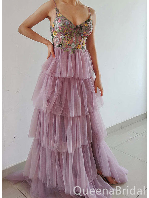 Elegant Pink A-Line Spaghetti Strap Ruffles Appliques Long Prom Dresses,WGP437