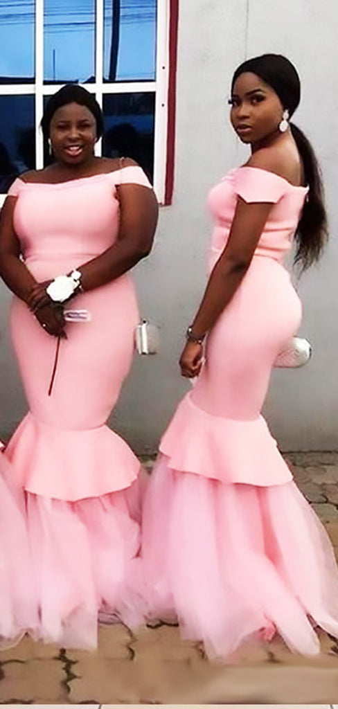 Elegant Pink Off Shoulder Ruffle Tulle Mermaid Long Cheap Bridesmaid Dresses, BDS0187