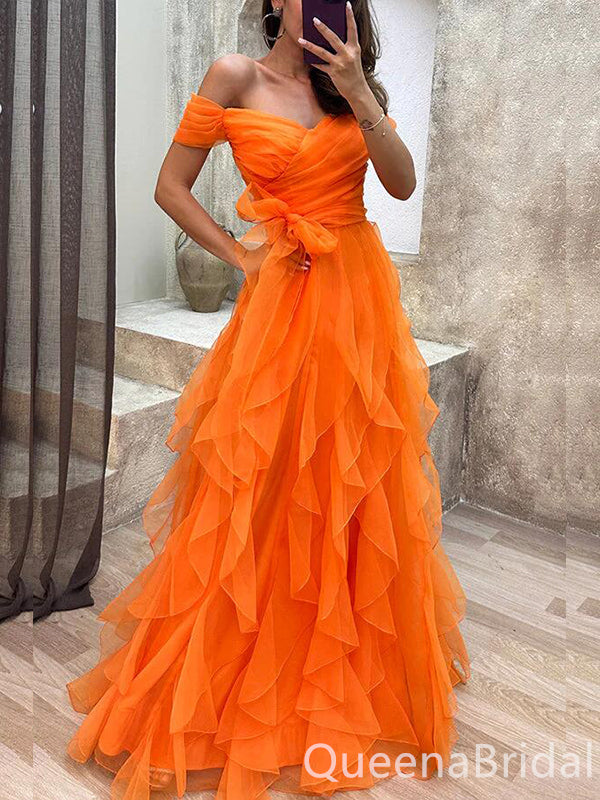 Orange Fluffy Off Shoulder A-line Evening Gown Maxi Long Evening Party Prom Dresses ,WGP1130