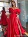 Gorgeous Red Off Shoulder Lace Up Back Sweetheart A-line Evening Gown Maxi Long Evening Party Prom Dresses with Slit,WGP1029