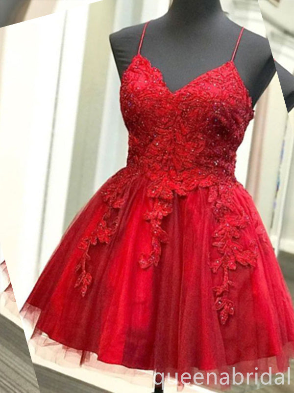 Red Spaghetti Straps Lace Appliques Beaded V Neck A-line Graduation Party Short Homecoming Dresses, QB0783