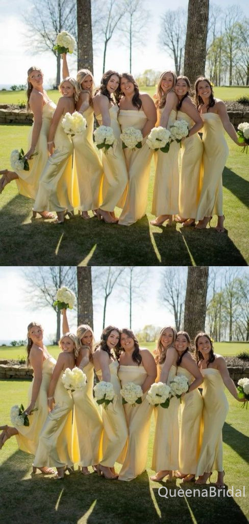 Light Yellow Strapless Sheath Long Bridesmaid Dresses , BDS0206