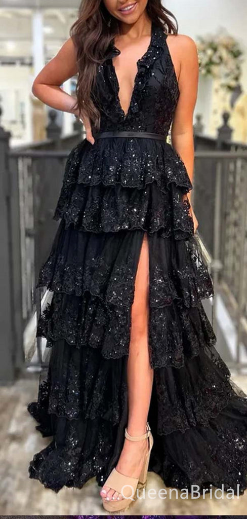 Sparkly Tiered Lace Appliques Deep V-neck Sexy Black Halter High Slit Evening Gown Long Prom Dresses with Belt ,WGP648