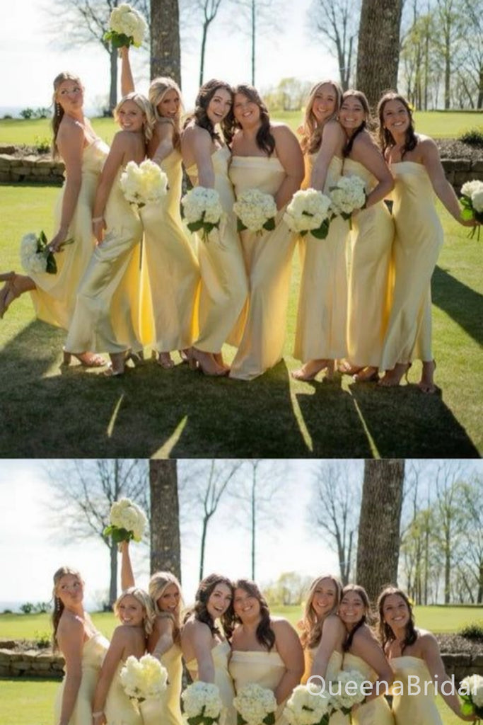 Light Yellow Strapless Sheath Long Bridesmaid Dresses , BDS0206