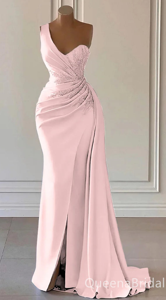 One Shoulder Light Pink Beaded Mermaid Evening Gown Maxi Long Evening Party Prom Dresses ,WGP1205