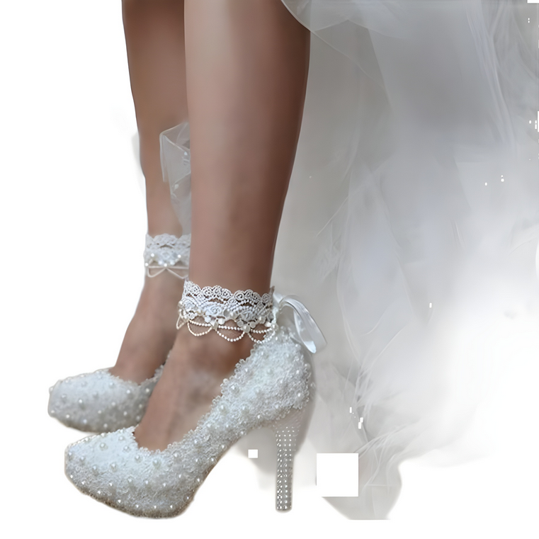 Women's Wedding Shoes Lace Pearls High Heel Decorative Heel Bridal Shoes,H28