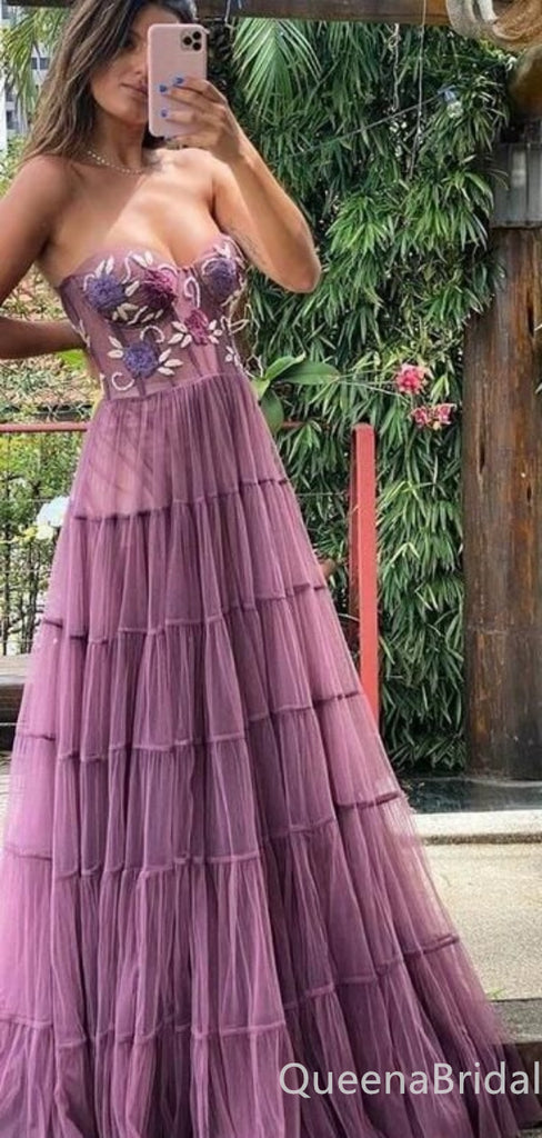 Grape A-line Floral Appliques Sweetheart Strapless Evening Gown Maxi Long Evening Party Prom Dresses ,WGP998