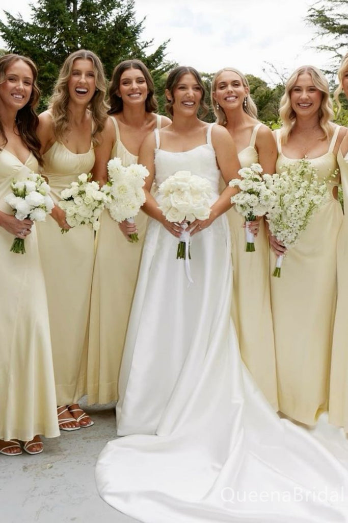 Mismatched Light Yellow Sheath Long Bridesmaid Dresses , BDS0207