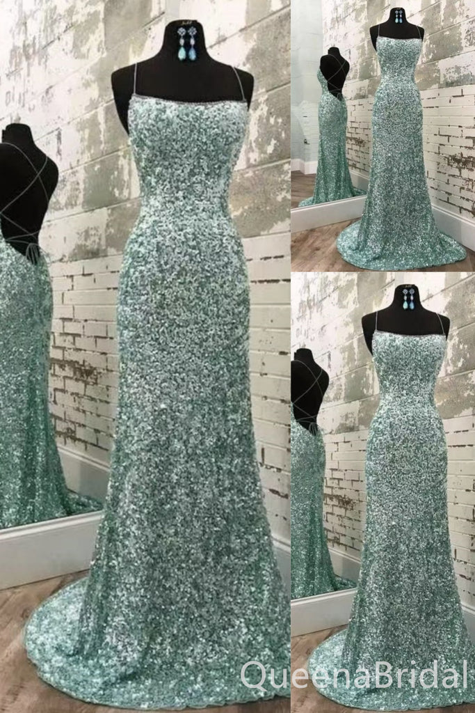 Sparkle Green Spaghetti Straps Lace Up Back Mermaid Evening Gown Maxi Long Evening Party Prom Dresses ,WGP1132