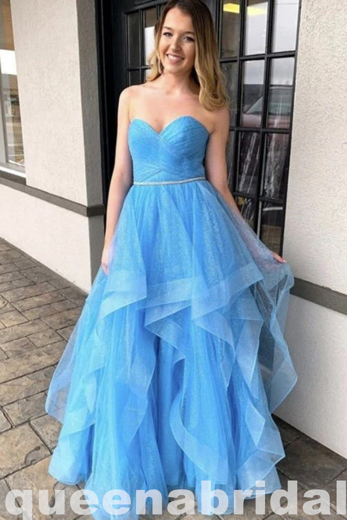 Blue Fluffy Strapless Layer Sweetheart A-line Evening Gown Maxi Long Evening Party Prom Dresses ,WGP1055