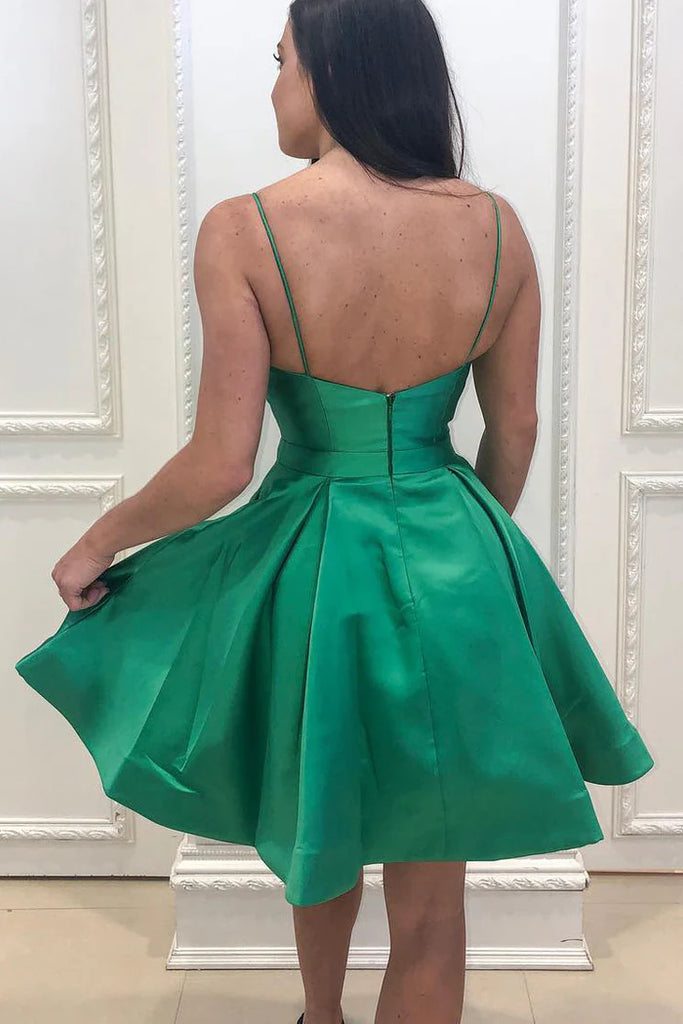 Elegant Green Spaghetti Straps V Neck Simple Cheap Short Homecoming Dresses, QB0513