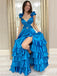 Sexy Blue Layer High Slit Evening Gown Maxi Long Formal Dresses Prom Dresses with Ruffles ,WGP950