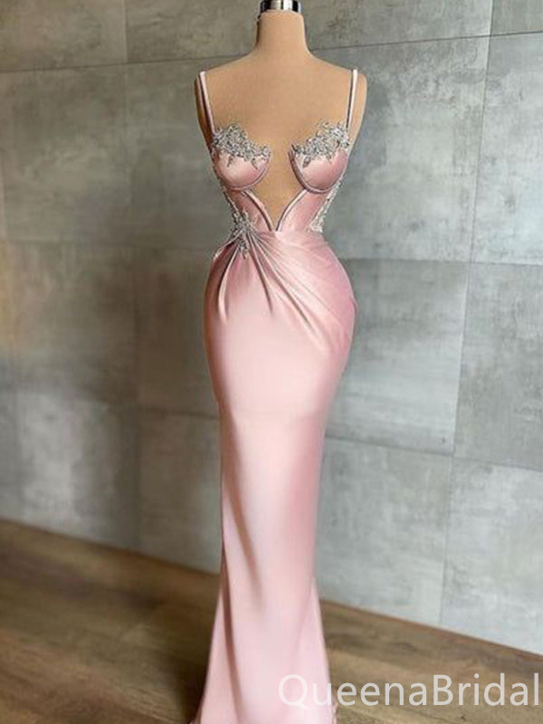 Spaghetti Straps Plunging Light Pink Beaded Mermaid Evening Gown Maxi Long Evening Party Prom Dresses ,WGP1206