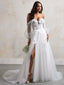 Elegant White Half Sleeves Off Shoulder Tulle Lace Appliques V Neck Side Slit A-Line Long Cheap Wedding Dresses,WGP218