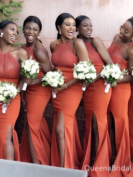 Halter Mermaid Orange Long Bridesmaid Dresses with Side Slit, BDS0208