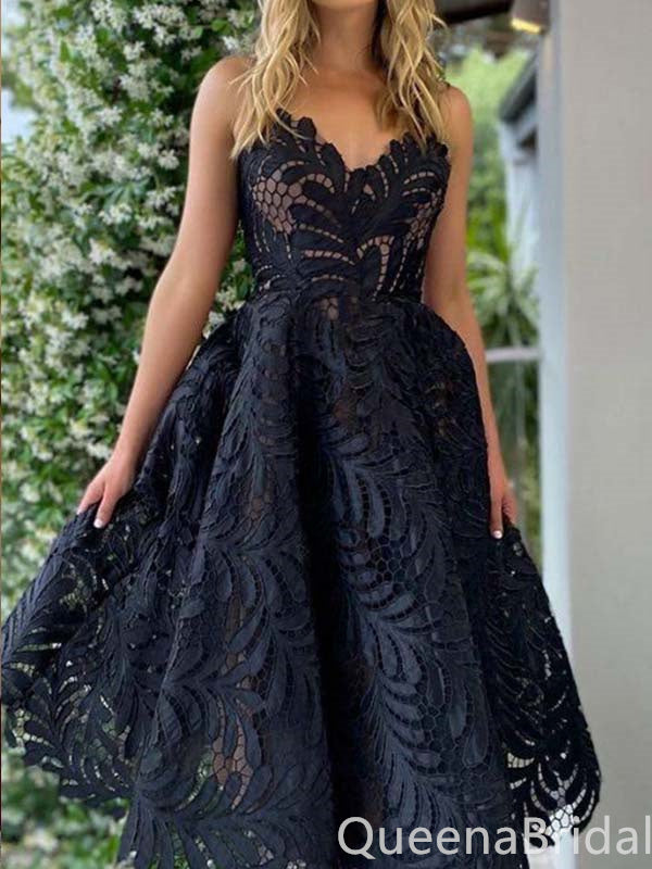 Unique Black Lace Appliques A-line Short Homecoming Dresses with Pleats, QB0609