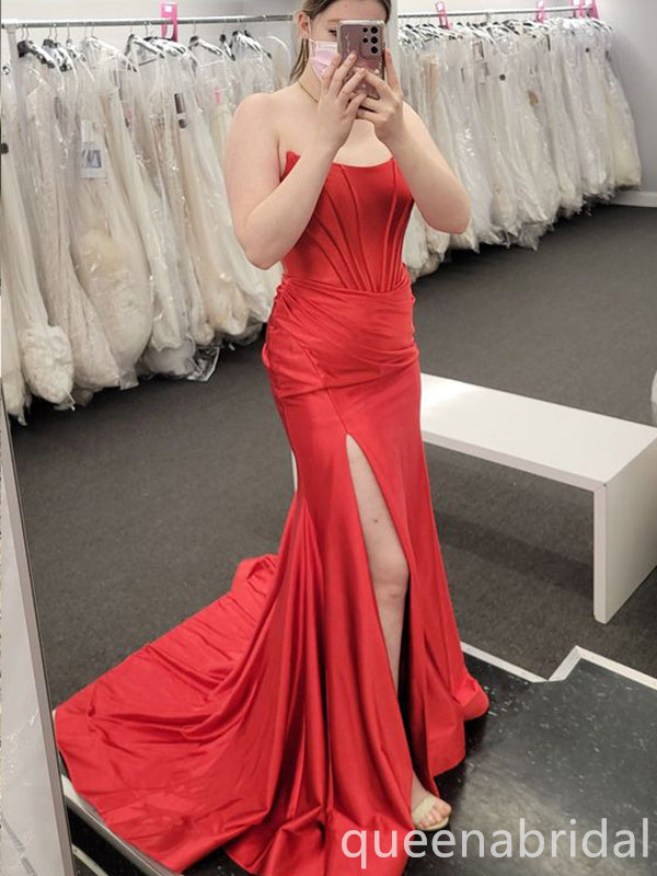 Red Strapless Straight Neck Evening Gown Maxi Long Evening Party Prom Dresses with Side Slit,WGP1056