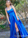 Spaghetti Straps Blue A-line Straight Neck Evening Gown Maxi Long Evening Party Prom Dresses with Slit,WGP1031