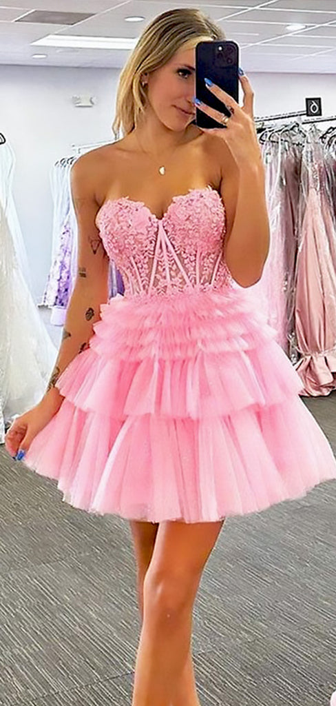 Elegant Pink Ruffles Tulle Lace Appliqueas Illusion A-Line Simple Short Homecoming Dresses, QB0411