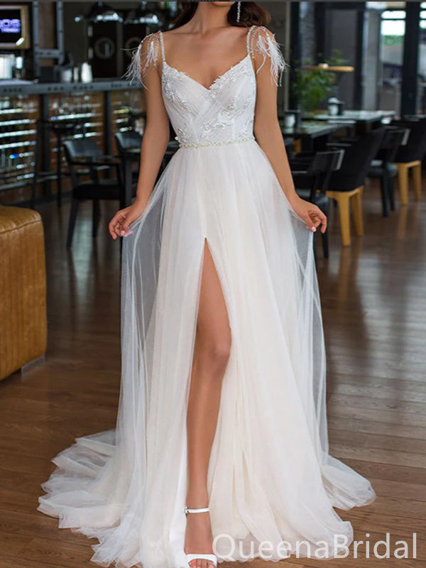 Elegant Spaghetti Straps Side Slit Appliques Tulle A-Line Long Wedding Dresses ,WGP221