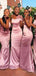 Elegant Pink One Shoulder Soft Satin Appliques Mermaid Long Cheap Bridesmaid Dresses,BDS0163