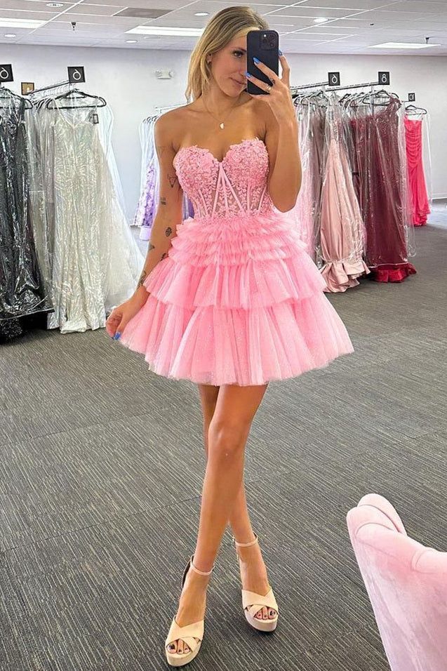 Elegant Pink Ruffles Tulle Lace Appliqueas Illusion A-Line Simple Short Homecoming Dresses, QB0411