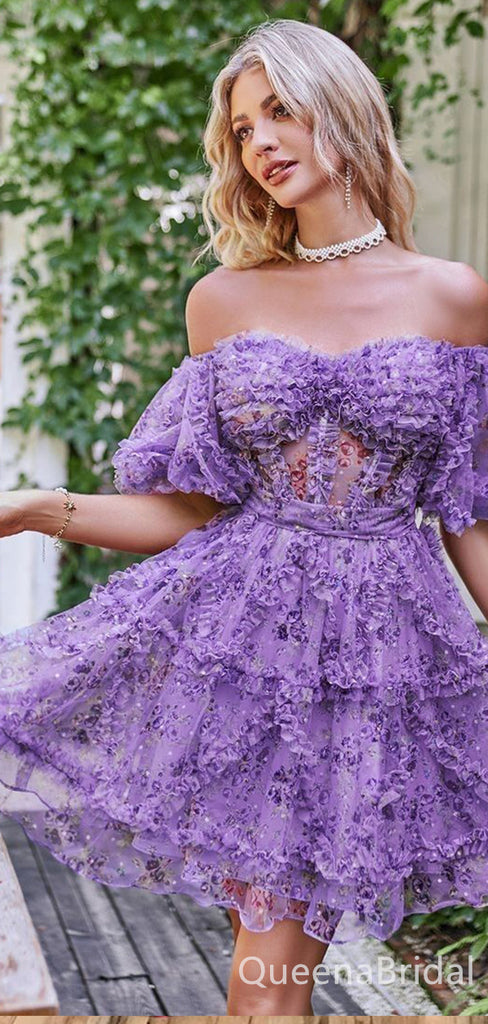 Sexy Floral Sweetheart Off Shoulder Purple Floral Short Homecoming Dresses, QB0590