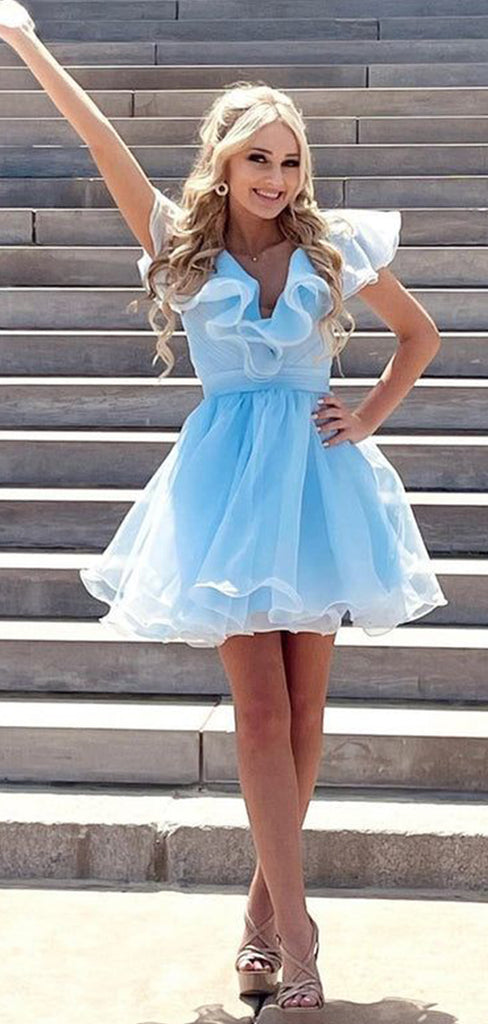 Cute Unique Blue Tulle A-line Short Homecoming Dresses with Ruffles, QB0557