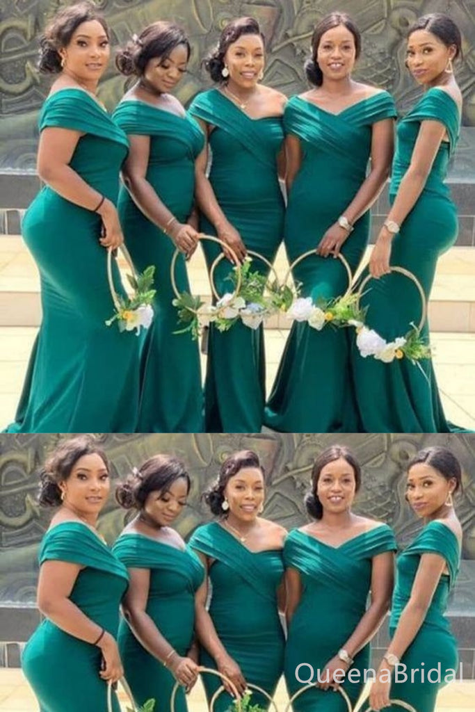 Off Shoulder Green Mermaid Long Bridesmaid Dresses , BDS0181