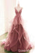 Sexy Dark Pink V-neck Spaghetti Straps A-line Lace Appliques Layer Evening Gown Maxi Long Formal Dresses Prom Dresses with Ruffles ,WGP903