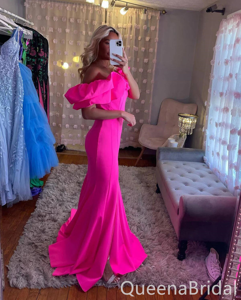 Charming Pink Side Slit Mermaid Strapless Evening Gown Maxi Long Formal Dresses Prom Dresses with Ruffle ,WGP971