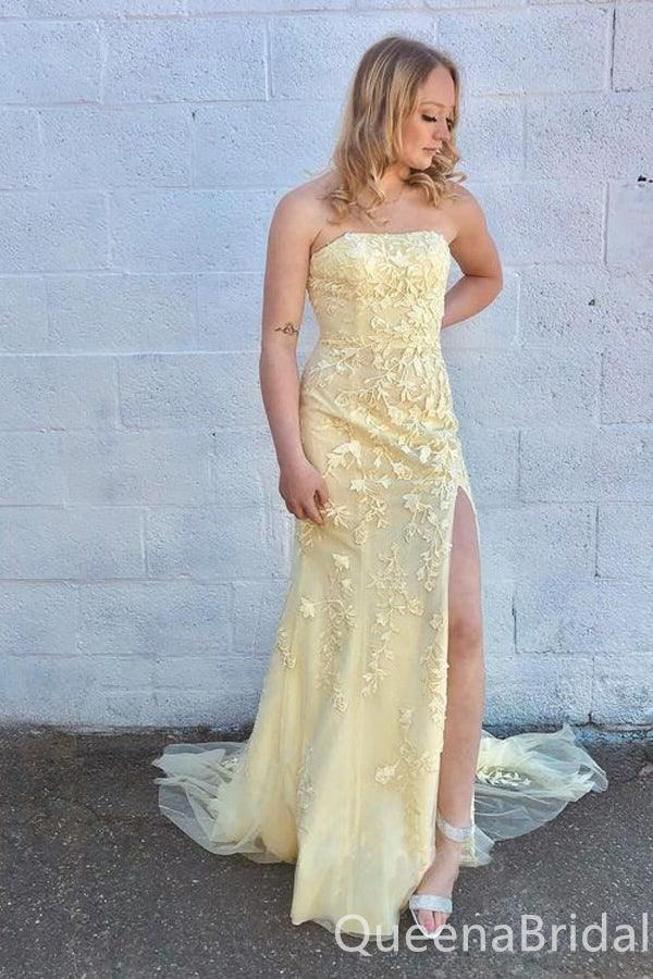 Light Yellow Sheath Straight Neck Leaf Appliques Strapless Evening Gown Maxi Long Evening Party Prom Dresses with Side Slit ,WGP1000