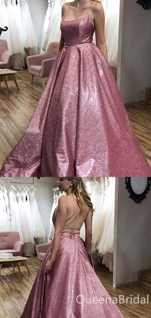 Sparkly Spaghetti Straps Lace up Back Evening Gown Long Prom Dresses ,WGP650