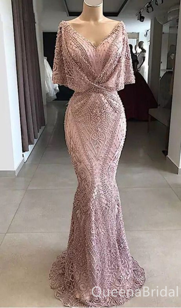 Pink V Neck Mermaid Evening Gown Long Evening Party Prom Dresses ,WGP1242