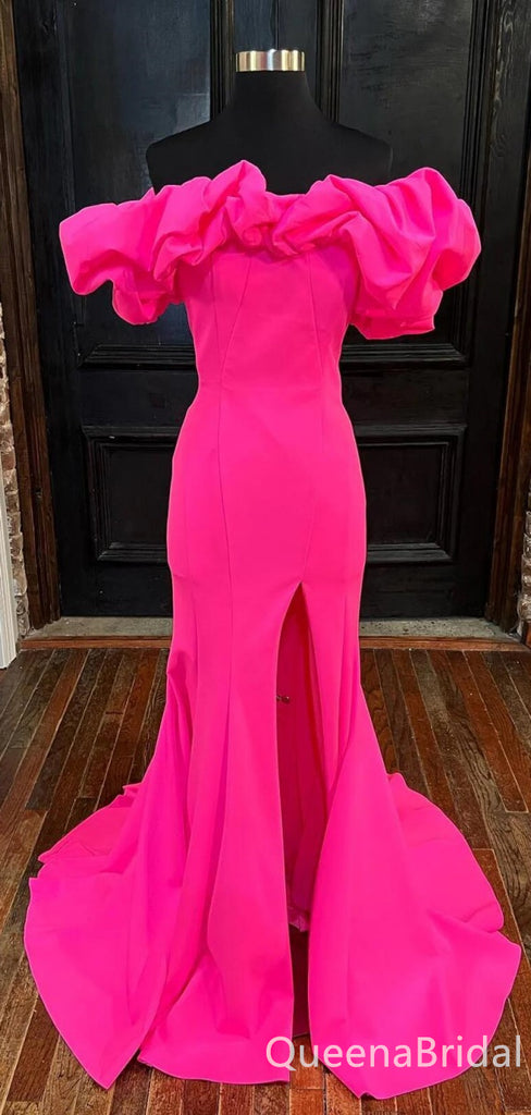 Charming Pink Side Slit Mermaid Strapless Evening Gown Maxi Long Formal Dresses Prom Dresses with Ruffle ,WGP971