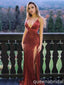 Sparkle Dusty Red Spaghetti Straps Plunging Deep V Neck Evening Gown Maxi Long Evening Party Prom Dresses with Side Slit,WGP1057