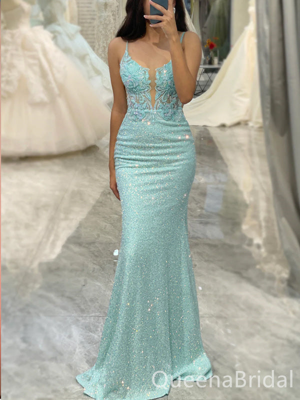 Charming Sexy Mermaid Sparkle Mint Green Lace Appliques Spaghetti Straps Plunging Evening Gown Long Formal Dresses Prom Dresses,WGP808