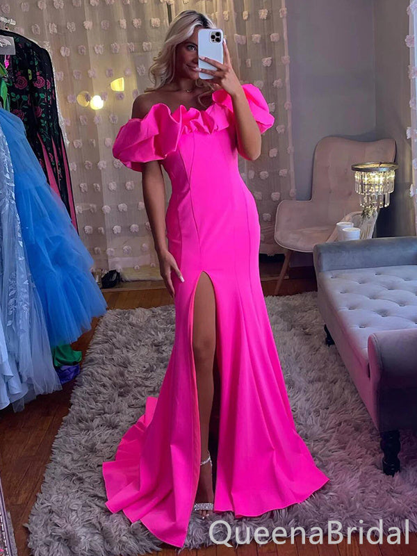 Charming Pink Side Slit Mermaid Strapless Evening Gown Maxi Long Formal Dresses Prom Dresses with Ruffle ,WGP971