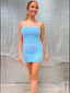 Elegant Blue Beaded Mermaid Spaghetti Straps Short Tight Homecoming Dresses with Pleats ,QB0664