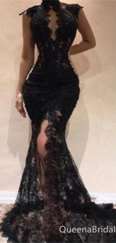 Black Mermaid High Neck Plunging Lace Appliques Sleeveless Evening Gown Maxi Long Evening Party Prom Dresses with Front Slit ,WGP1001