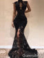 Black Mermaid High Neck Plunging Lace Appliques Sleeveless Evening Gown Maxi Long Evening Party Prom Dresses with Front Slit ,WGP1001