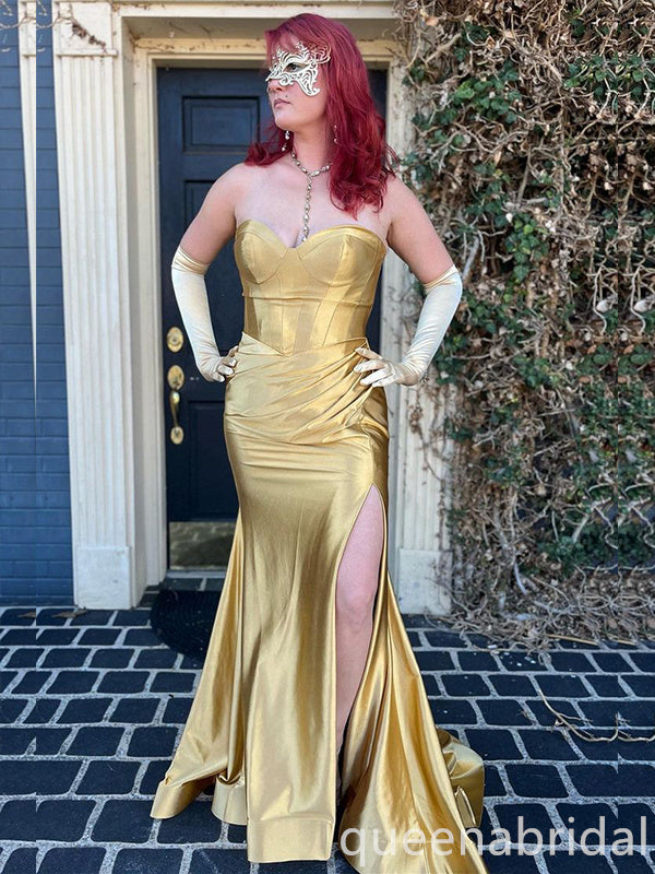 Gold Mermaid Sweetheart Evening Gown Maxi Long Evening Party Prom Dresses with Side Slit ,WGP1058