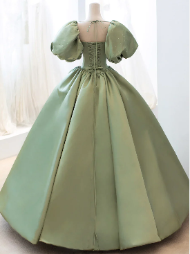 Elegant Green Bubble Sleeves A-line Lace up Back Party Dress Long Prom Dresses to Impress ,WGP1395