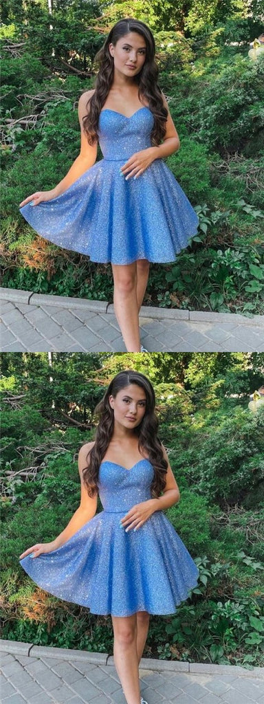 Elegant Blue Sweetheart Unique Strapless A-line Short Homecoming Dresses With Ruffles, QB0537