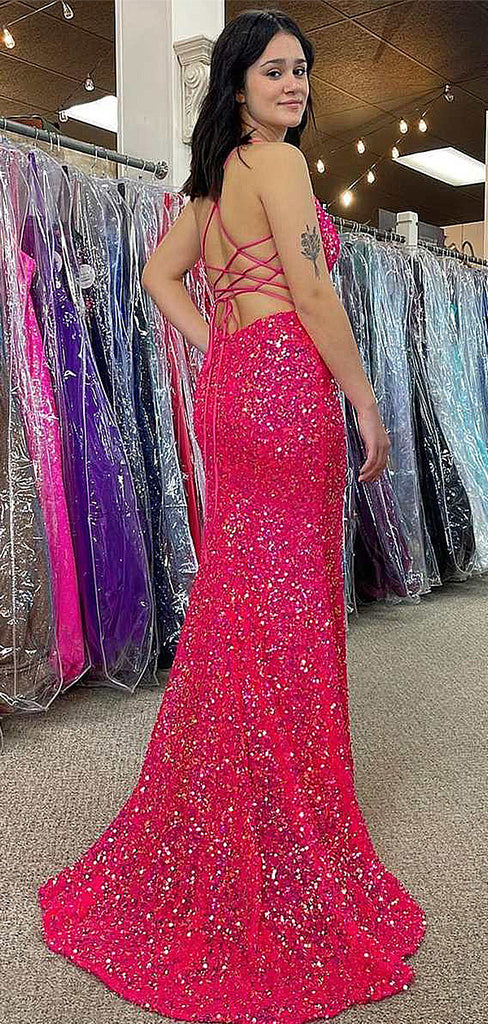 Sparkly Pink Spaghetti Strap Mermaid Sequin Lace Up Back Side Slit Long Prom Dresses,WGP441