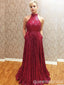 Red Sparkle Halter A-line Evening Gown Maxi Long Evening Party Prom Dresses with Pleats,WGP1059