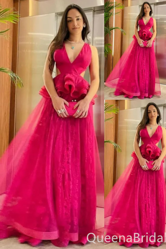 Hot Pink Plunging Fluffy A-line Evening Gown Maxi Long Evening Party Prom Dresses ,WGP1162