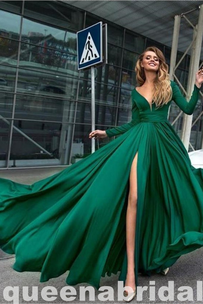 Gorgeous Emerald Green Plunging A-line Evening Gown Maxi Long Evening Party Prom Dresses with Side Slit,WGP1060